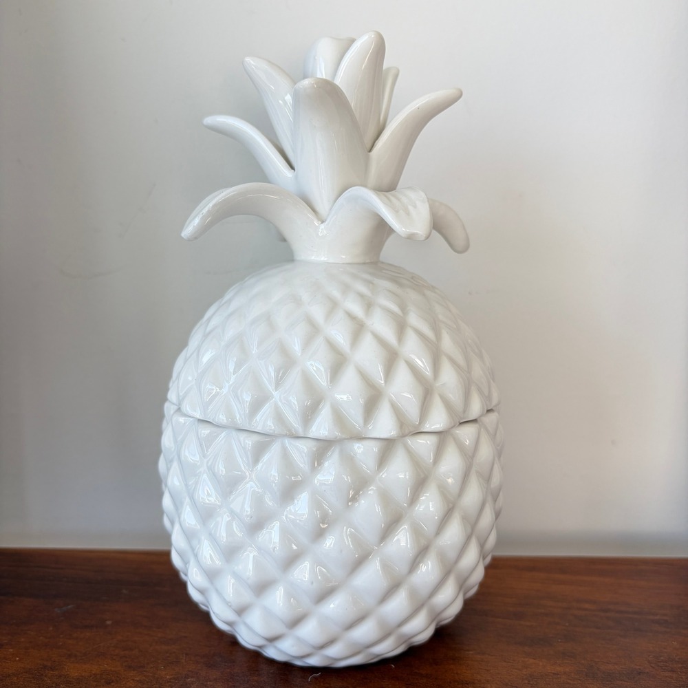 White Ceramic Pineapple Jar with Lid Tropical Decorative Canister 8 Inch
